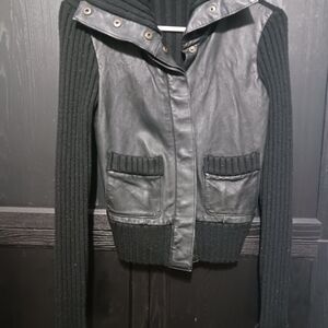 BCBG Black Leather and Knit Bomber Jacket